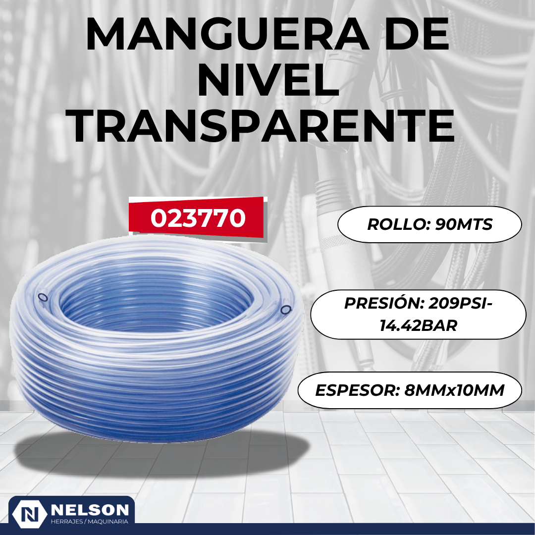 MANGUERA NIVEL TRANSP 8MM X10MM R90MT 14.42BAR