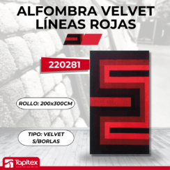 ALFOMBRA VELVET #23 S/BORLAS LINEAS ROJAS 200X300CM 900GSQM
