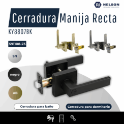 CERRADURA MANIJA RECTA KY8807BK PARA BAÑO Y DORMITORIO